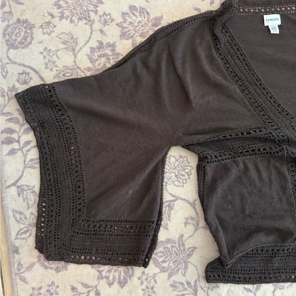 Women’s Chico's Elegant Lightweight Dark Brown Crochet Angel Sleeve Cardigan - Picture 5 of 6